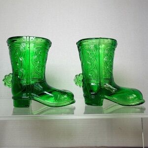 *2* Vtg MCM Emerald Green Glass Cowboy Boot Toothpick Holders w/ Spurs